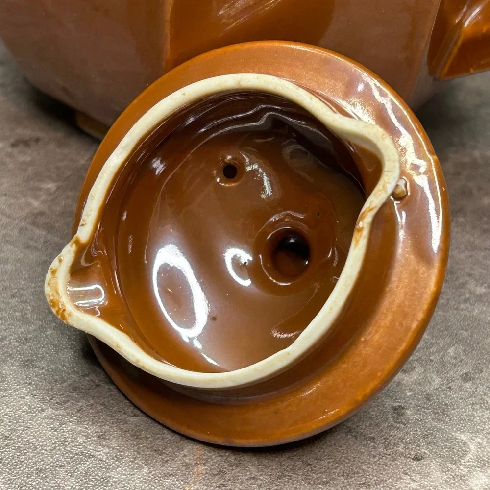 Vintage Ceramic Teapot Caramel Brown Glazed Tea Pot with Lid Dotted Trim Japan